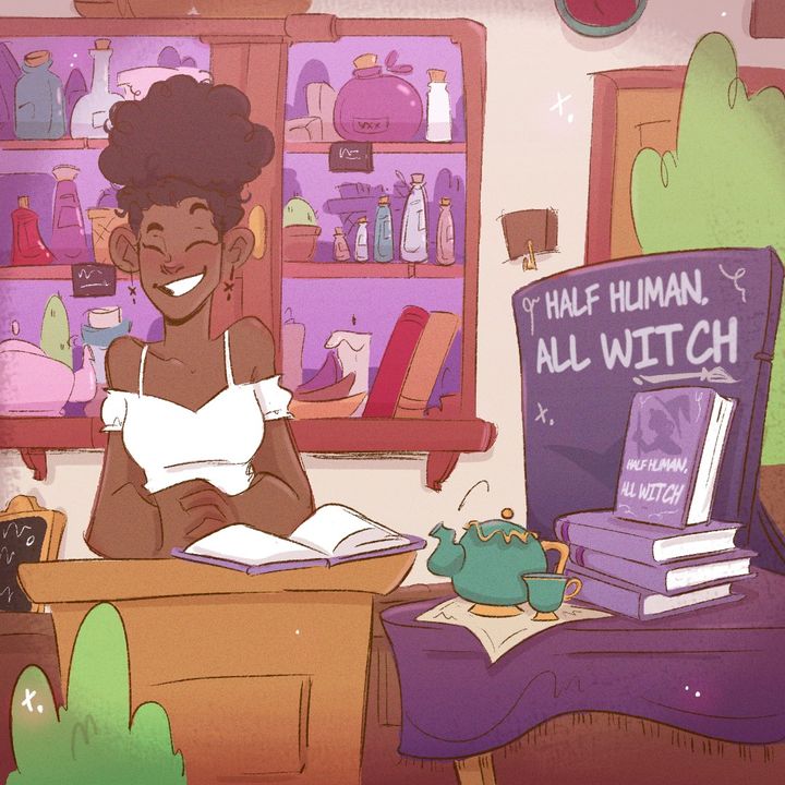 A Black woman with a thick puff of hair and wearing a white sundress is standing at a podium in a witchy tea and potion shop.