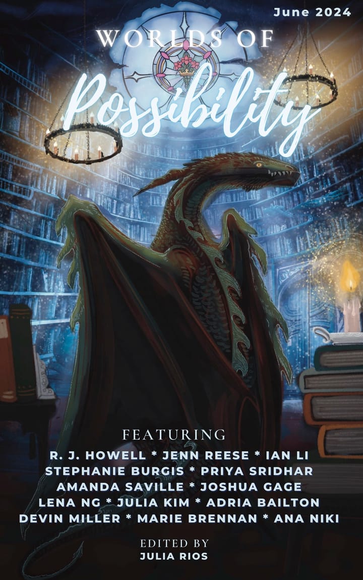 The cover for the June 2024 issue of Worlds of Possibilty, featuring art by Ana Niki of a dragon in a library