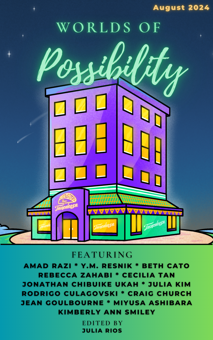 The August 2024 cover of Worlds of Possibililty, featuring a Tacopalooza restaurant in green and purple