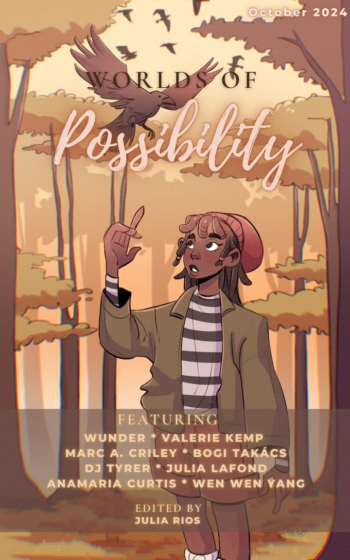 Worlds of Possibility October 2024 cover image featuring a Black girl in an autumn forest, looking up at a one-legged crow.