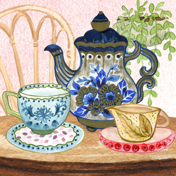 illlustration of a  colorful tea set on a wooden table in a cozy room with a plant hanging behind the table.